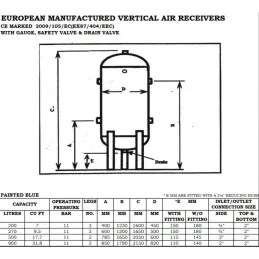 EnzAir Galvanised 200L Vertical Air Receiver 11 Bar c/w Gauge & Safety Valve